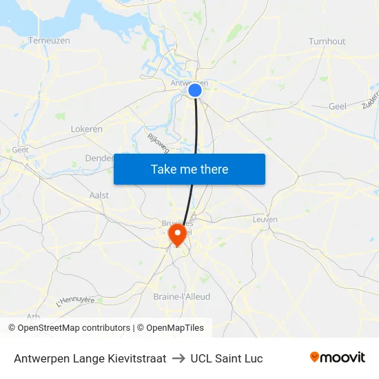 Antwerpen Lange Kievitstraat to UCL Saint Luc map