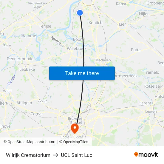 Wilrijk Crematorium to UCL Saint Luc map