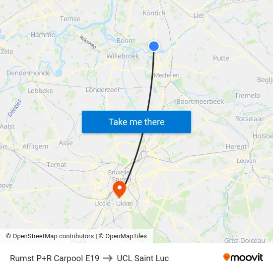 Rumst Park & Ride Carpool E19 to UCL Saint Luc map