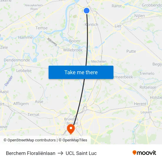 Berchem Floraliënlaan to UCL Saint Luc map
