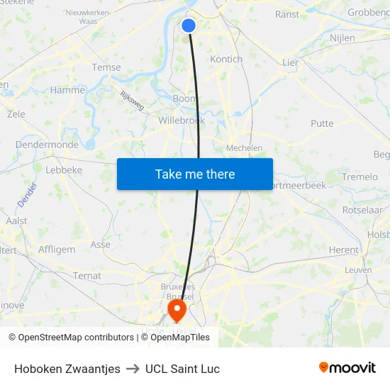 Hoboken Zwaantjes to UCL Saint Luc map