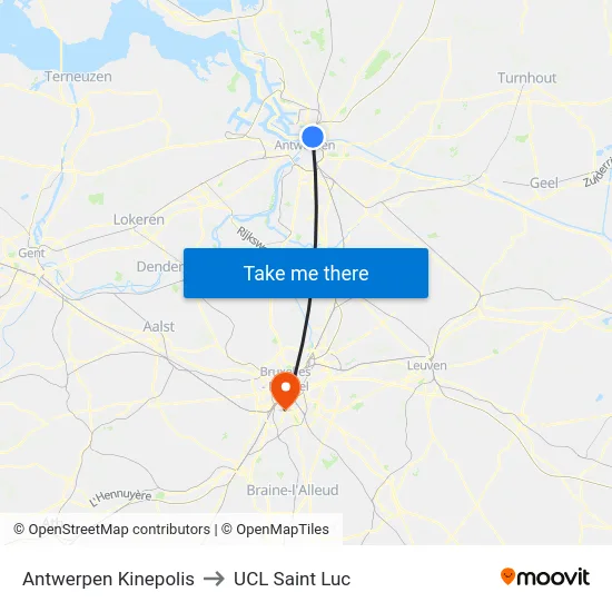 Antwerpen Kinepolis to UCL Saint Luc map