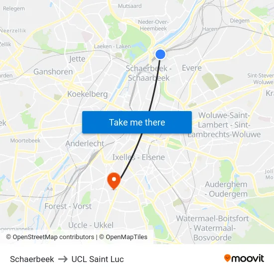 Schaerbeek to UCL Saint Luc map