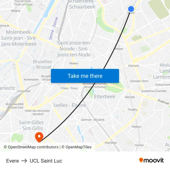 Evere to UCL Saint Luc map