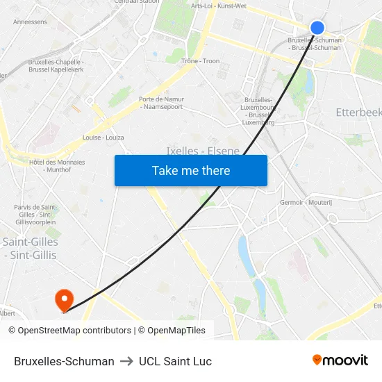 Bruxelles-Schuman to UCL Saint Luc map