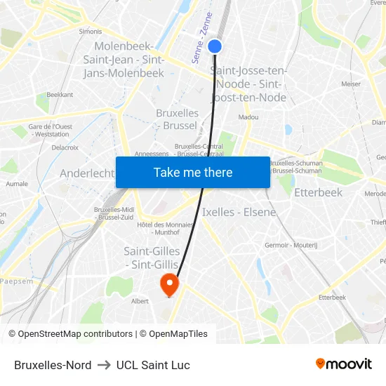 Bruxelles-Nord to UCL Saint Luc map