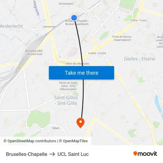 Bruxelles-Chapelle to UCL Saint Luc map