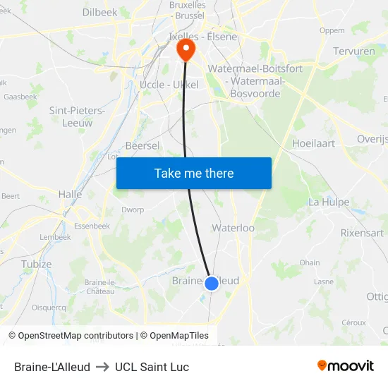 Braine-L'Alleud to UCL Saint Luc map