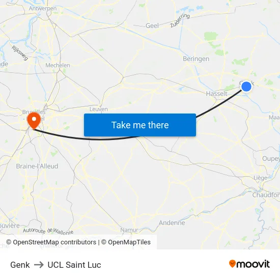 Genk to UCL Saint Luc map
