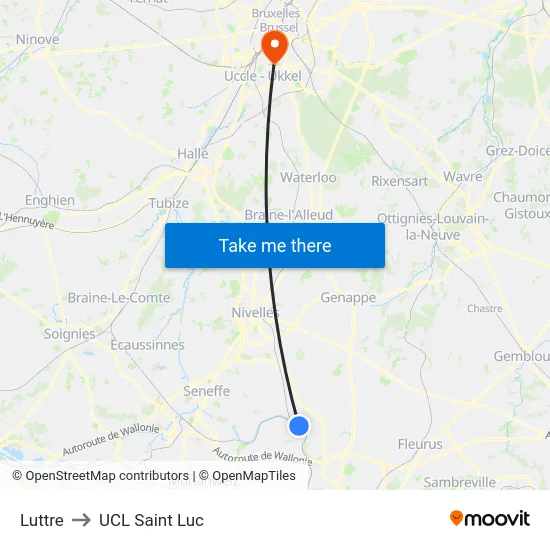 Luttre to UCL Saint Luc map