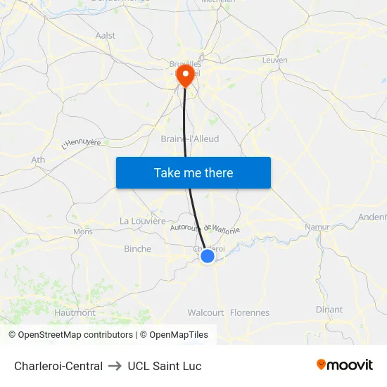 Charleroi-Central to UCL Saint Luc map