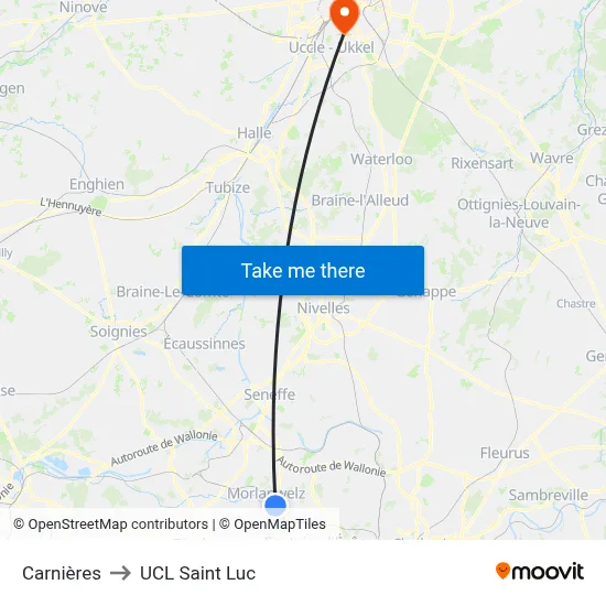 Carnières to UCL Saint Luc map