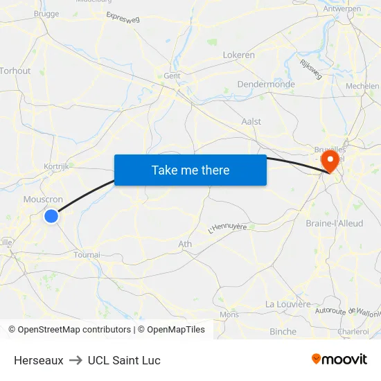 Herseaux to UCL Saint Luc map