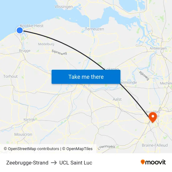 Zeebrugge-Strand to UCL Saint Luc map