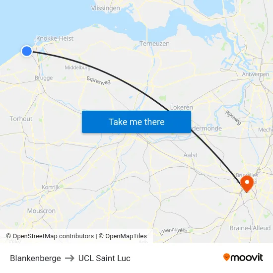 Blankenberge to UCL Saint Luc map