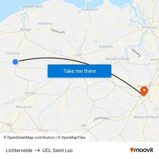 Lichtervelde to UCL Saint Luc map