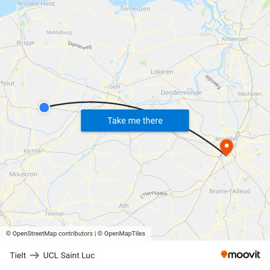 Tielt to UCL Saint Luc map