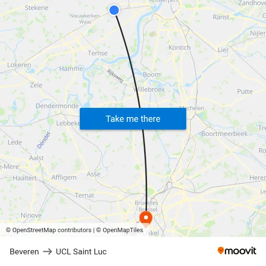 Beveren to UCL Saint Luc map