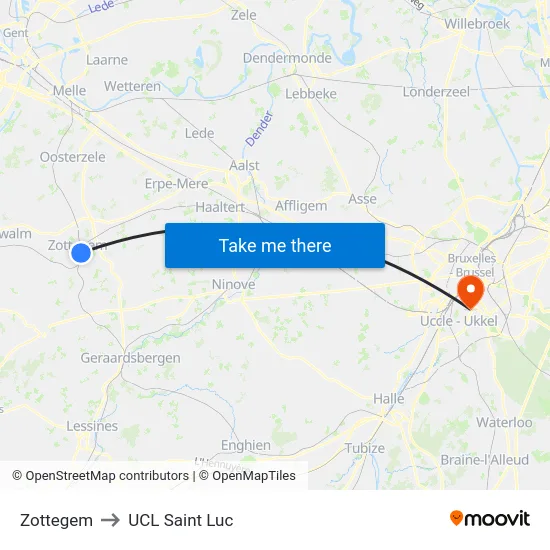 Zottegem to UCL Saint Luc map