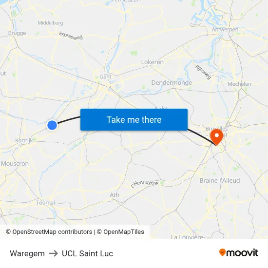 Waregem to UCL Saint Luc map
