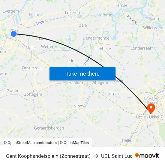 Ghent Trade Square (Sun Street) to UCL Saint Luc map