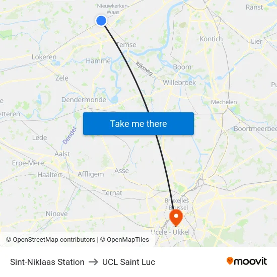 Sint-Niklaas Station to UCL Saint Luc map