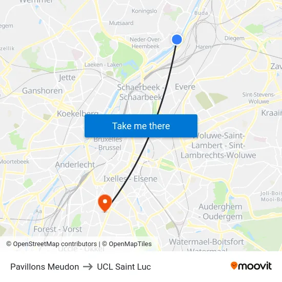 Pavillons Meudon to UCL Saint Luc map