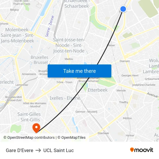 Gare D'Evere to UCL Saint Luc map