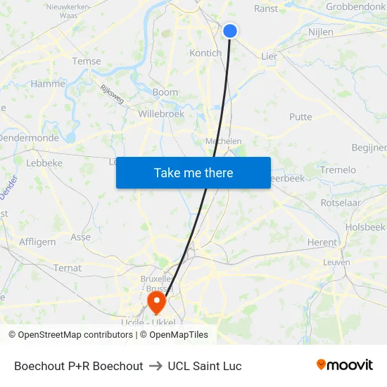 Boechout P+R Boechout to UCL Saint Luc map