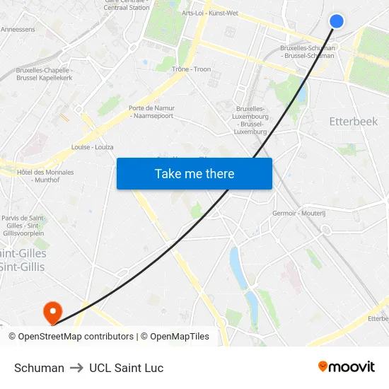 Schuman to UCL Saint Luc map