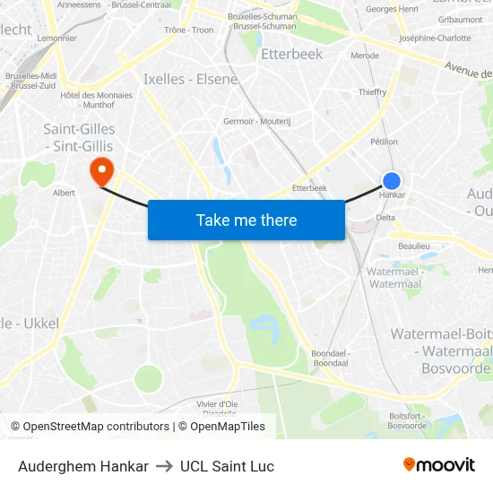 Auderghem Hankar to UCL Saint Luc map