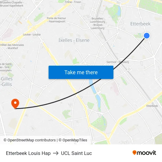 Etterbeek Louis Hap to UCL Saint Luc map