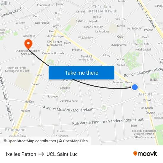 Ixelles Patton to UCL Saint Luc map