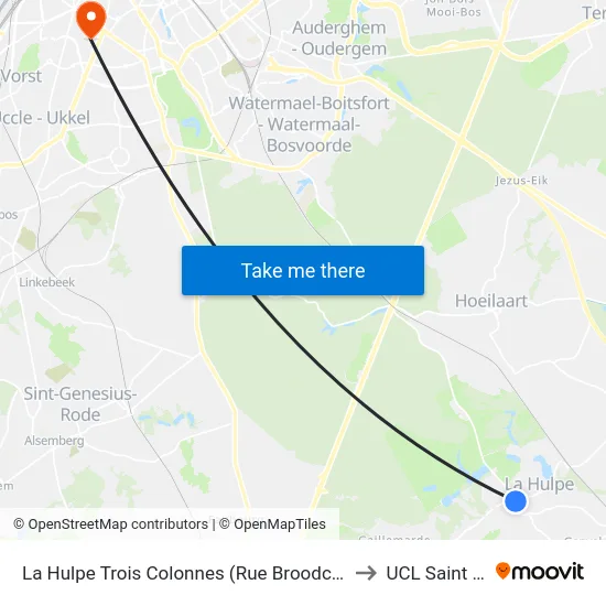 La Hulpe Trois Colonnes (Rue Broodcoorens) to UCL Saint Luc map