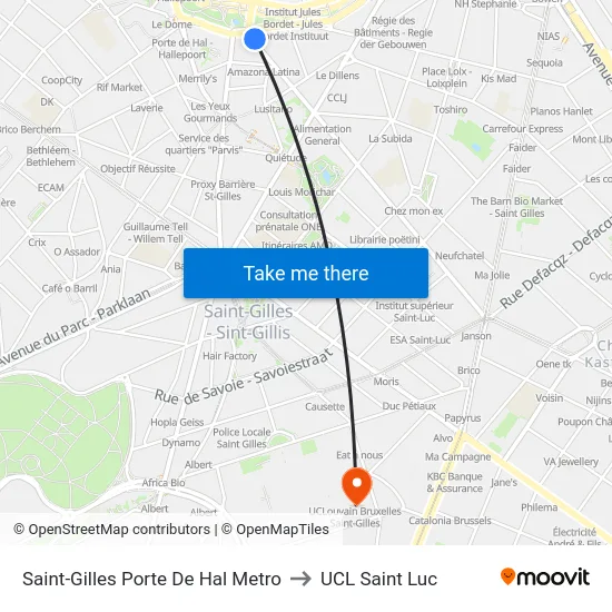 Saint-Gilles Porte De Hal Metro to UCL Saint Luc map