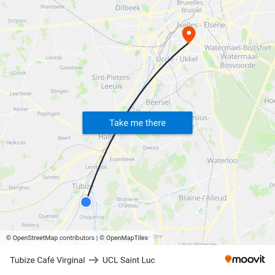 Tubize Café Virginal to UCL Saint Luc map