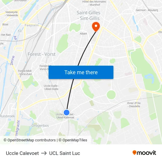 Uccle Calevoet to UCL Saint Luc map