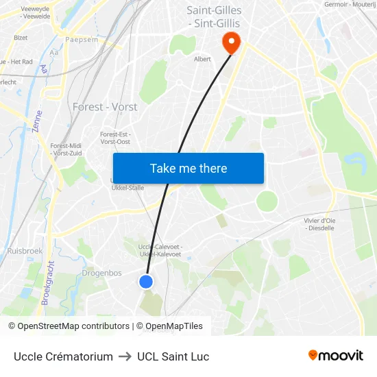Uccle Crématorium to UCL Saint Luc map