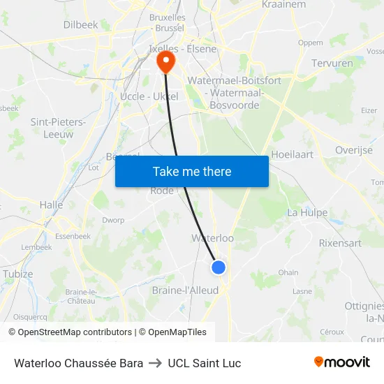 Waterloo Chaussée Bara to UCL Saint Luc map