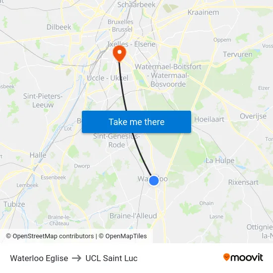 Waterloo Eglise to UCL Saint Luc map