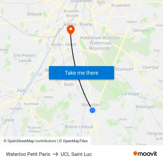 Waterloo Petit Paris to UCL Saint Luc map