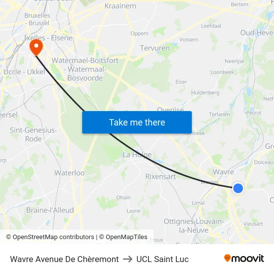 Wavre Avenue De Chèremont to UCL Saint Luc map