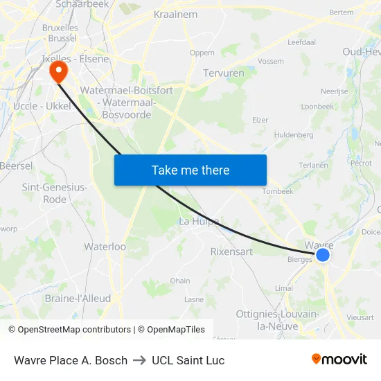 Wavre Place A. Bosch to UCL Saint Luc map