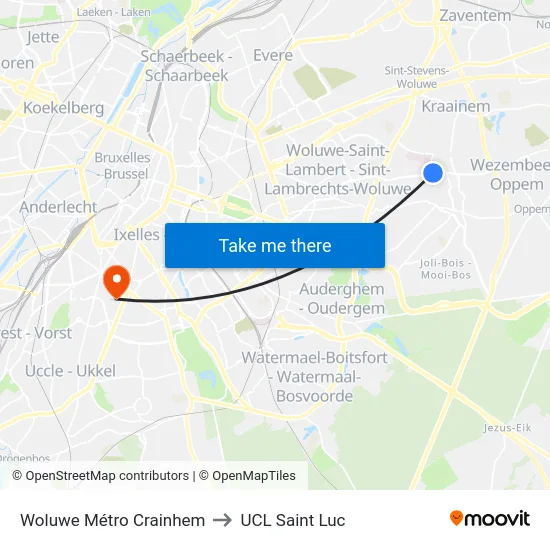 Woluwe Métro Crainhem to UCL Saint Luc map