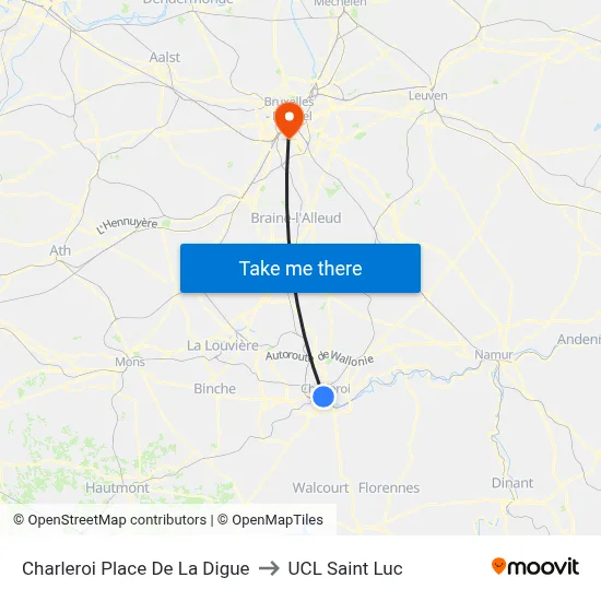 Charleroi Place De La Digue to UCL Saint Luc map