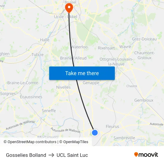 Gosselies Bolland to UCL Saint Luc map