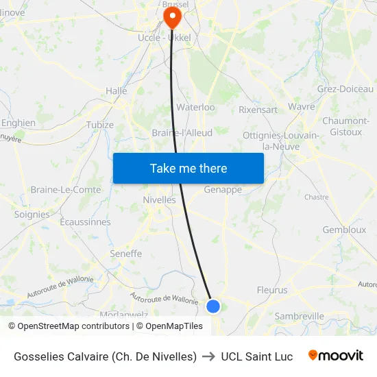 Gosselies Calvary (Nivelles Road) to UCL Saint Luc map