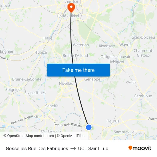 Gosselies Rue Des Fabriques to UCL Saint Luc map