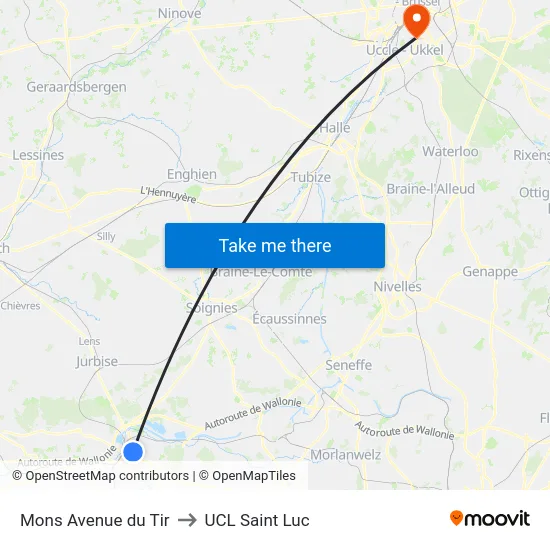 Mons Avenue du Tir to UCL Saint Luc map