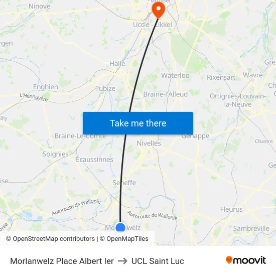 Morlanwelz Place Albert Ier to UCL Saint Luc map